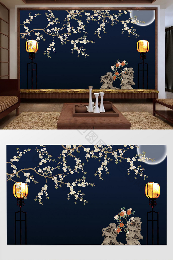 新中式复古落地灯饰假山月圆花枝中式背景墙图片图片