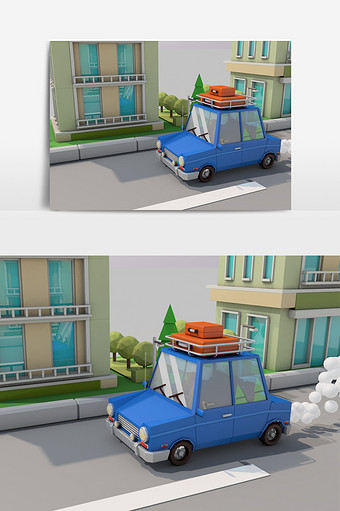 C4D模型可爱卡通汽车旅行小场景图片