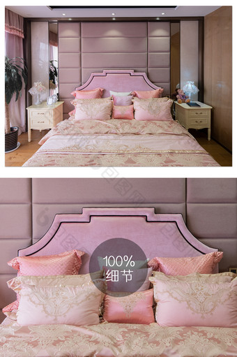 梦幻粉色卧室高端地产精致装修建筑摄影图图片