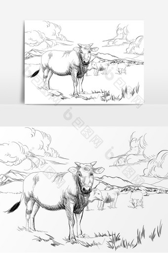 黑白线稿手绘牛牧场元素图片
