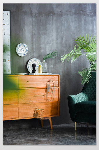 北欧风格家居空间生活墨绿墙面装饰摄影图片
