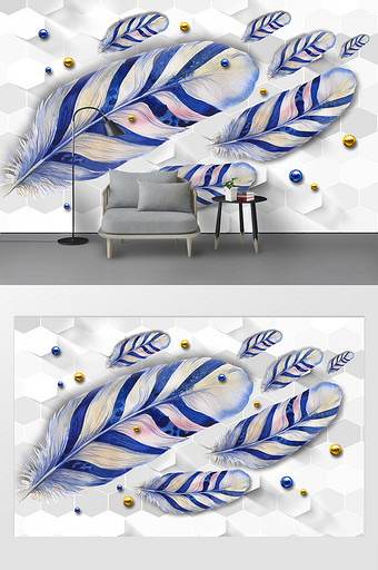 现代简约北欧手绘水彩羽毛珍珠背景墙图片