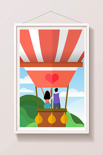 彩色卡通情侣蜜月旅游坐热气球插画图片