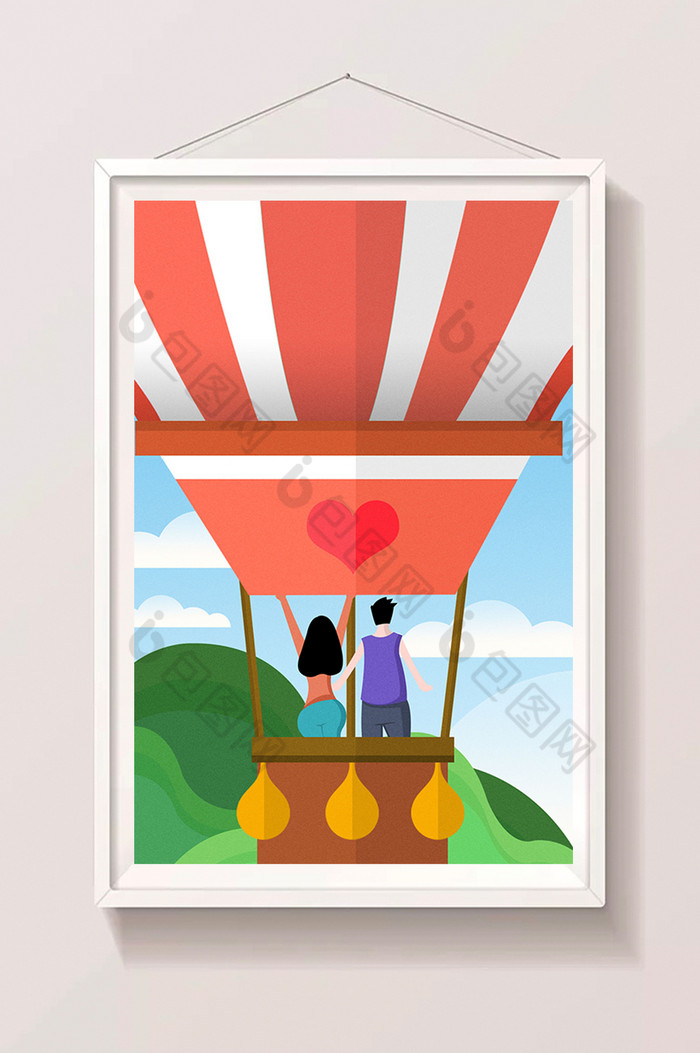 彩色情侣蜜月旅游坐热气球插画图片图片