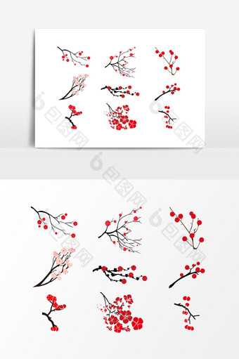手绘红色花朵树枝设计元素图片