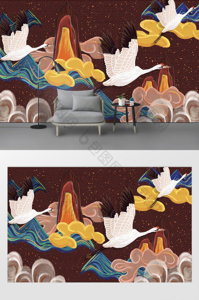国潮手绘飞鹤图案背景墙图片图片