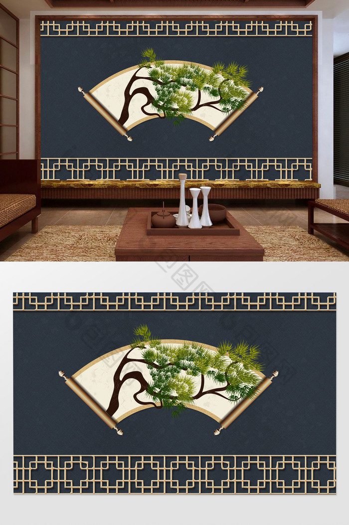新中式金色铁艺复古卷轴古松背景墙图片图片