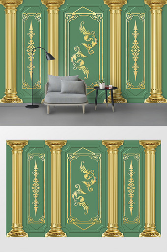 现代3D立体欧式金色雕花罗马石柱背景墙图片