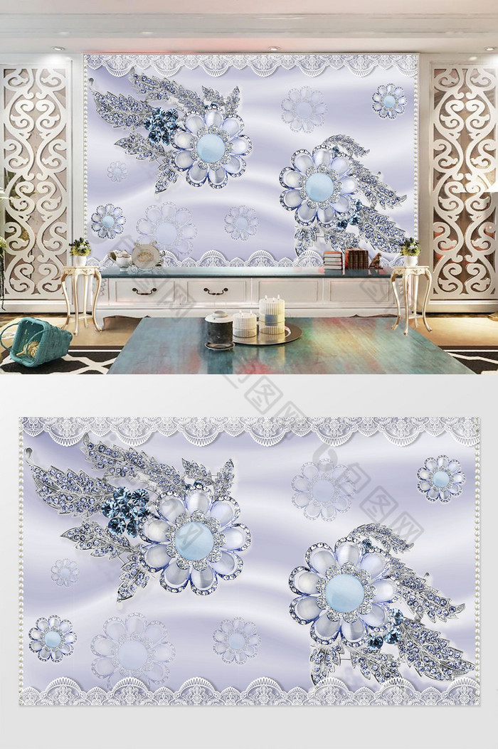 小清新蓝色钻石珠宝花卉蕾丝花边珠宝背景墙图片图片