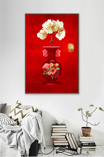 新中式中国风花瓶花朵红色艺术金箔装饰画图片