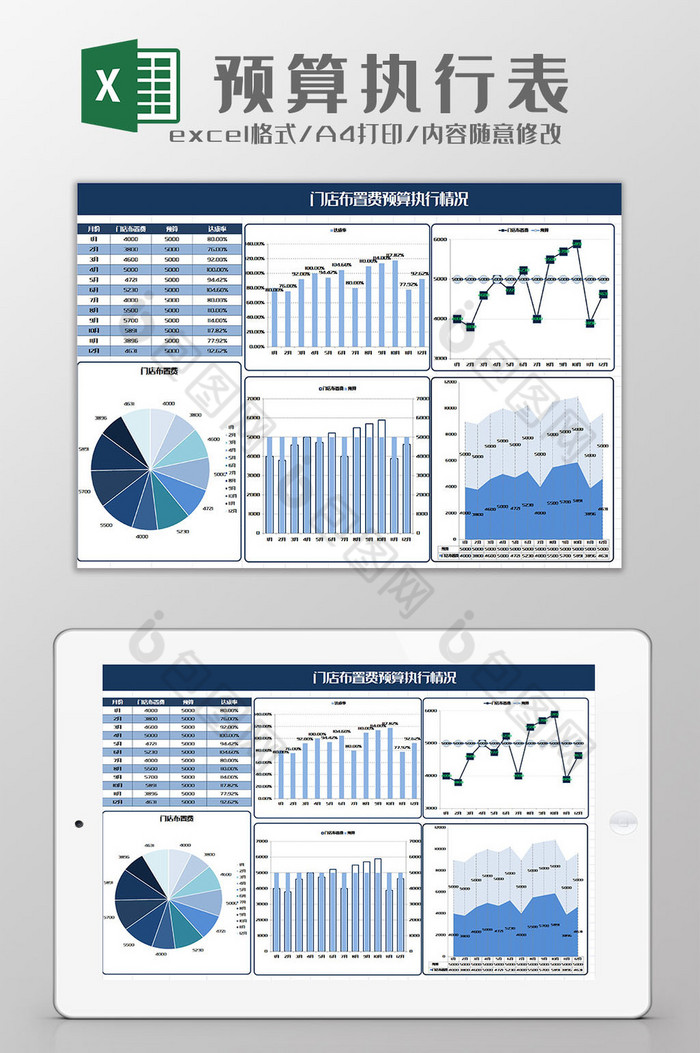 蓝色门店布置费预算执行表excel模板图片图片