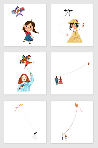 手绘放风筝的人套图插画元素图片