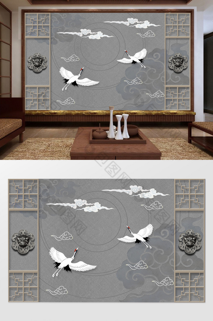 国潮仙鹤背景墙图片图片