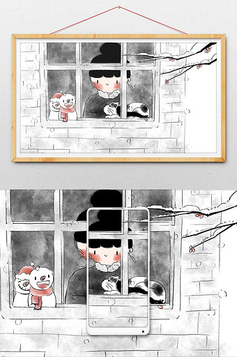 24节气小雪中国水墨插画图片