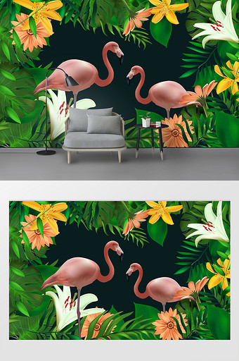 清新热带植物绿色树叶火烈鸟花朵背景墙图片