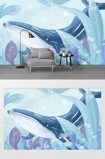 手绘梦幻鲸鱼插画电视背景墙图片