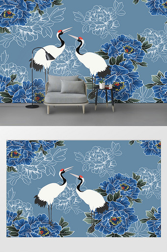 国潮现代花卉仙鹤图案背景墙图片