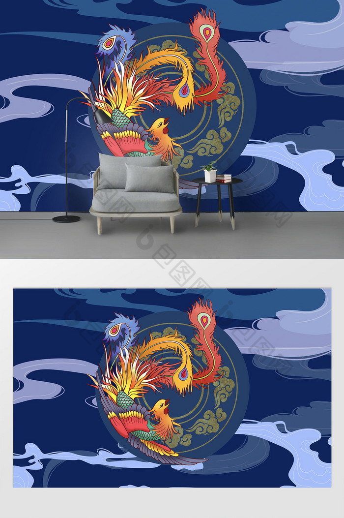 新现代中国传统凤凰图案国潮背景墙图片图片