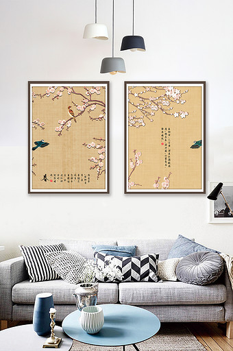 中式春天桃花喜鹊鸟装饰画图片