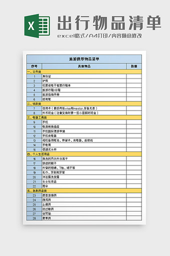 旅游出行物品清单excel模板图片