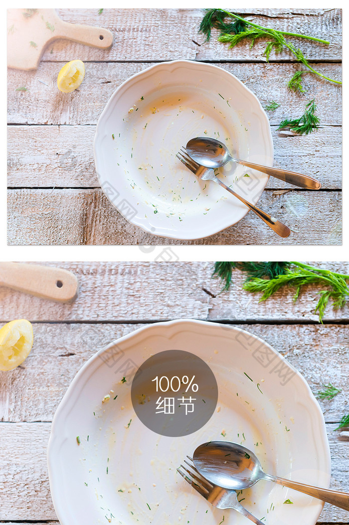 木质餐桌光盘行动刀叉餐具空盘蔬菜摄影背景