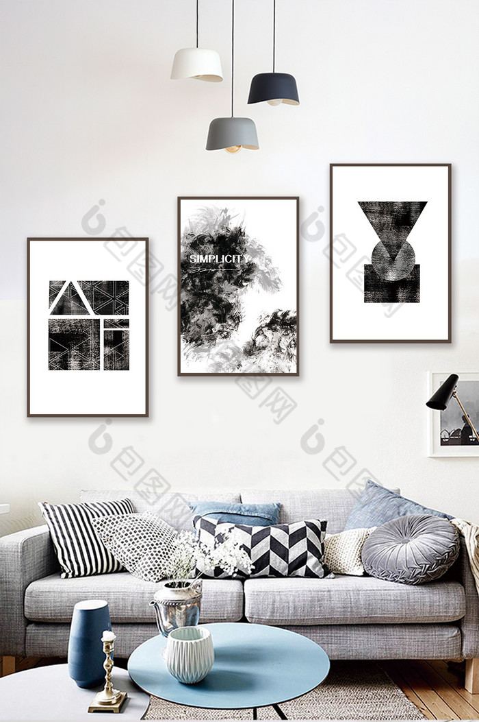 简欧高端黑白抽象几何风格客厅卧室装饰画图片图片