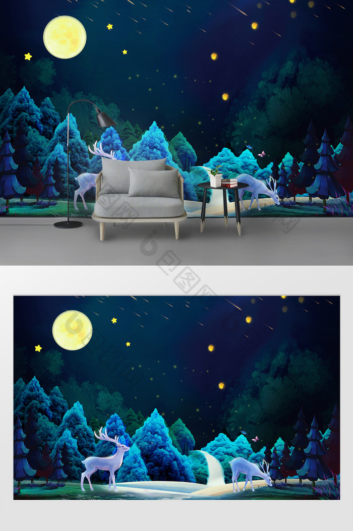 北欧夜色森林麋鹿风景客厅电视背景墙图片图片