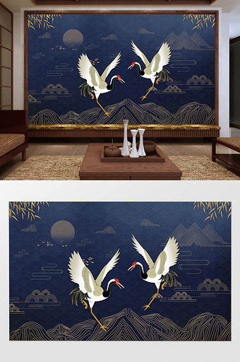 新中式手绘金色祥云山脉飞鹤背景墙图片