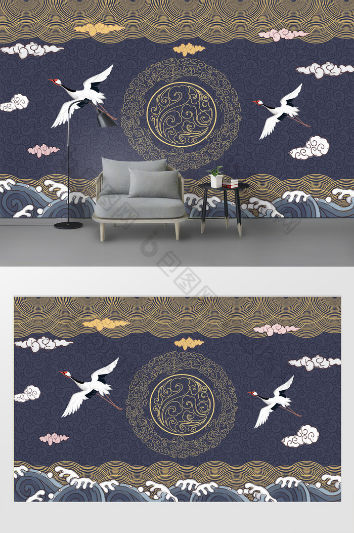 新现代国潮传统花纹仙鹤背景墙图片图片