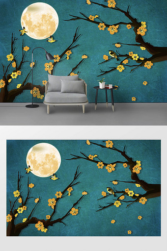 新现代简约工笔植物月亮飞鸟背景墙图片