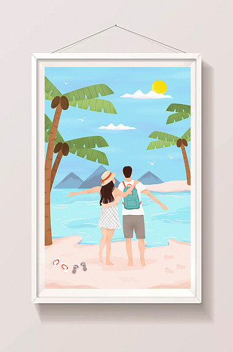 唯美清新五一情侣海边蜜月旅行创意插画图片