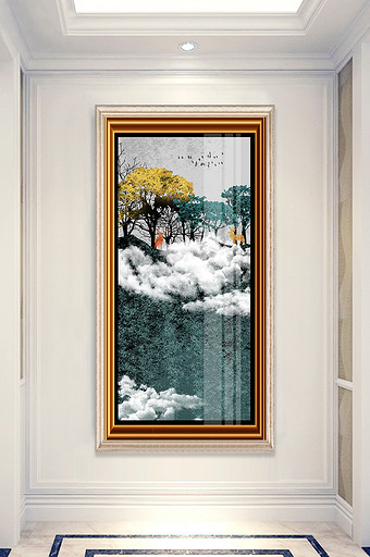 简欧森林麋鹿风景晶磁玄关装饰画图片