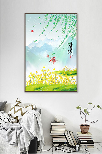 手绘中国风民俗节气清明风景走廊装饰画图片