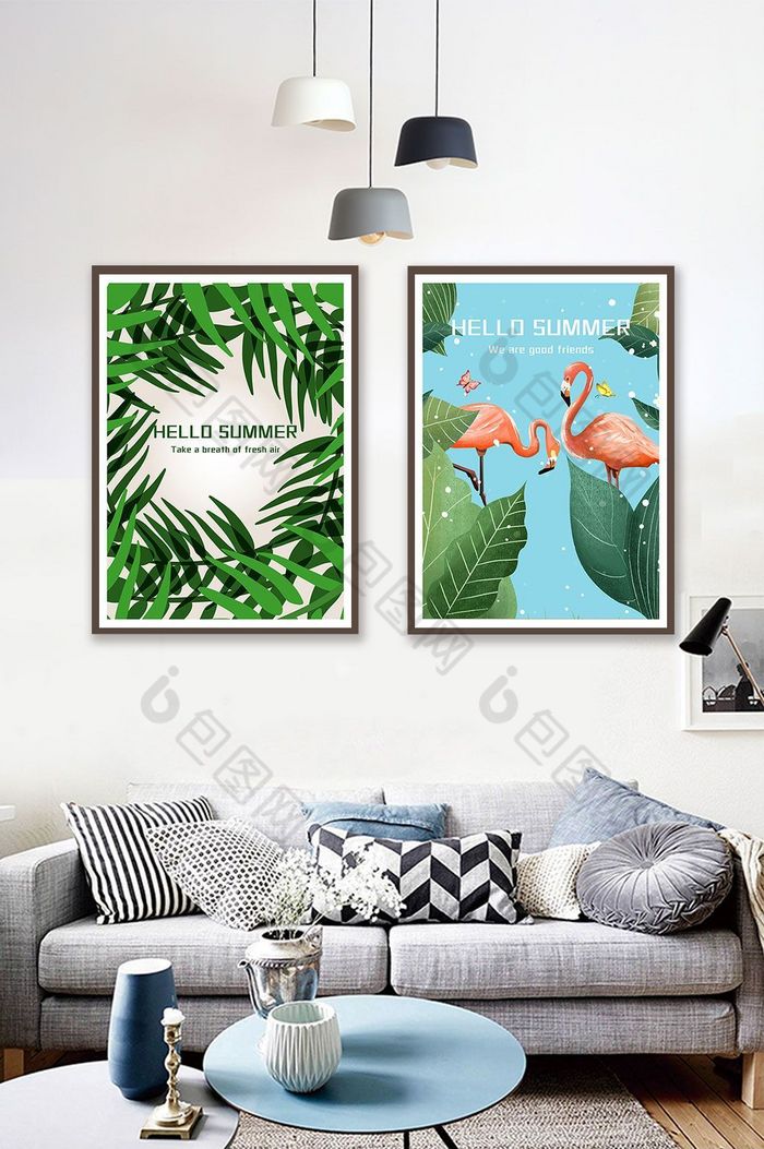 夏天文艺小清新火烈鸟热带植物装饰画图片图片