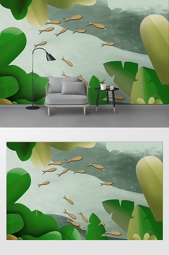 手绘小清新热带植物花鸟背景壁画图片