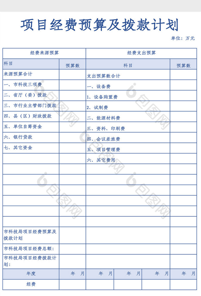 项目经费预算及拨款计划表Excel模板