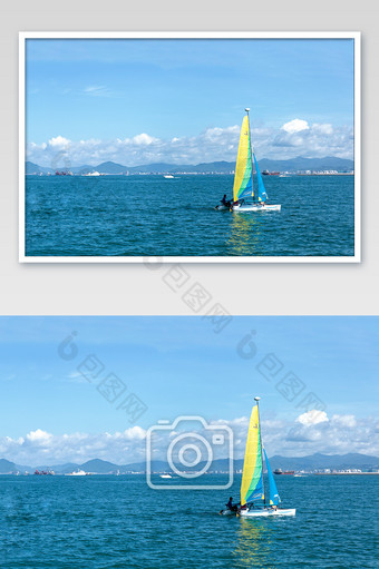 三亚景观蓝天大海帆船旅游蓝色简洁背景摄影图片