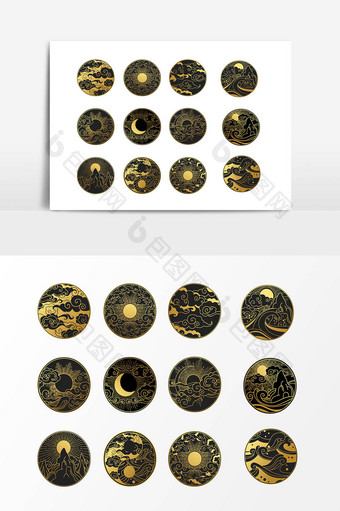 手绘寺庙月亮logo光效元素图片