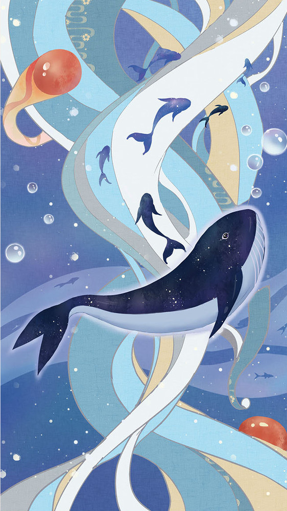 清新唯美海底世界蓝鲸鱼gif插画