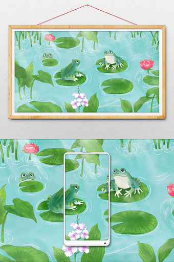 唯美清晰夏日池塘青蛙玩耍插画图片