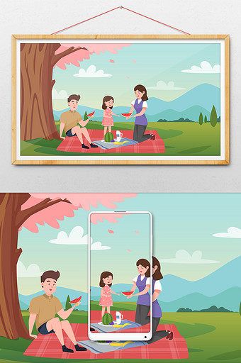 卡通樱花亲子野餐西瓜乘凉户外活动横幅插画图片