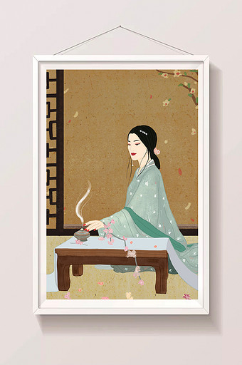 国潮中国风中式风格女子抚香小憩插画图片