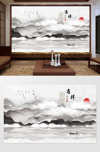 中式水墨禅境山水风景背景墙图片