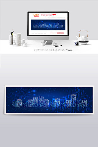 蓝色建筑背景电商海报设计背景图片