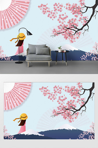 现代唯美樱花树卡通女孩富士山扇子背景墙图片