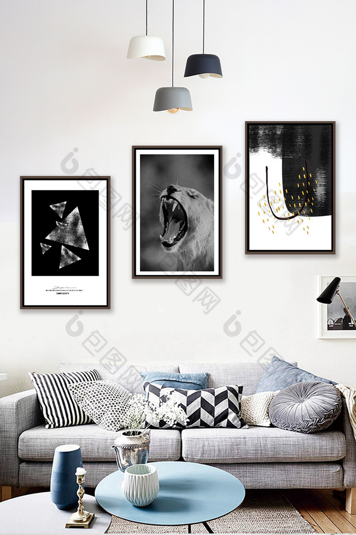 简欧黑白抽象几何动物客厅卧室酒店装饰画图片图片