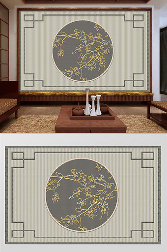 新中式抽象金色线条玉兰花客厅背景墙图片
