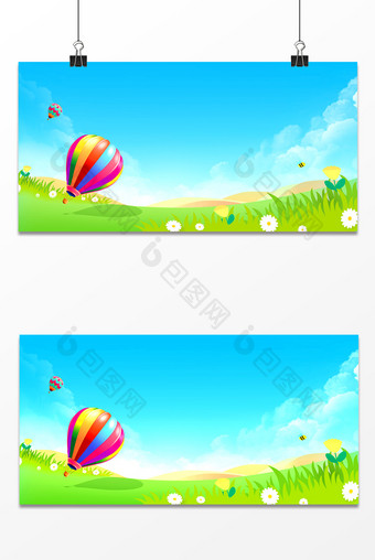 卡通草坪蓝天空热气球旅游卡通背景图片