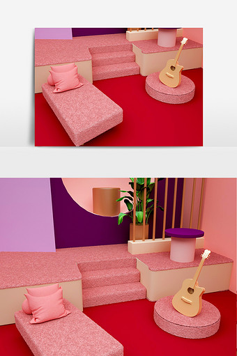 C4D粉色小场景背景模型（OC渲染）图片
