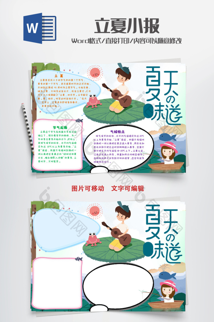 立夏节气word模板手抄报卡通图片